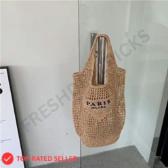 Straw Woven Tote Bag Foldable Large Capacity Boho Beach Shoulder Bag - Picture 6 of 8